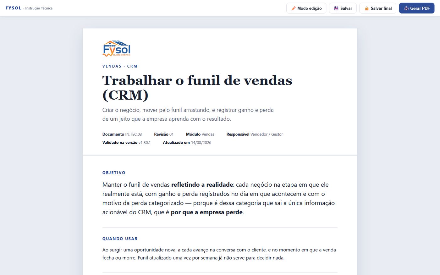 Tela de operação do funil de vendas da plataforma