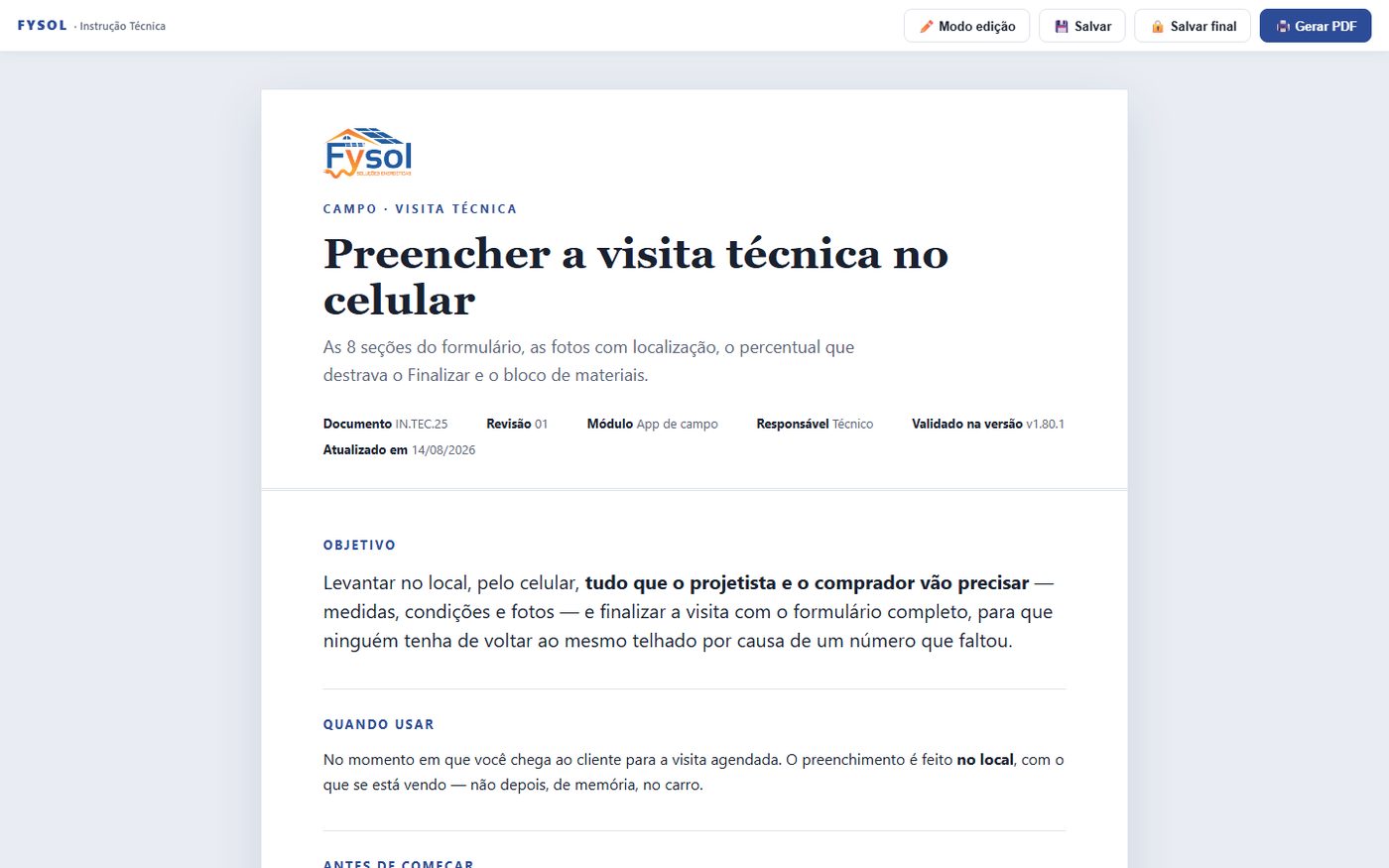 Instrução de preenchimento da visita técnica