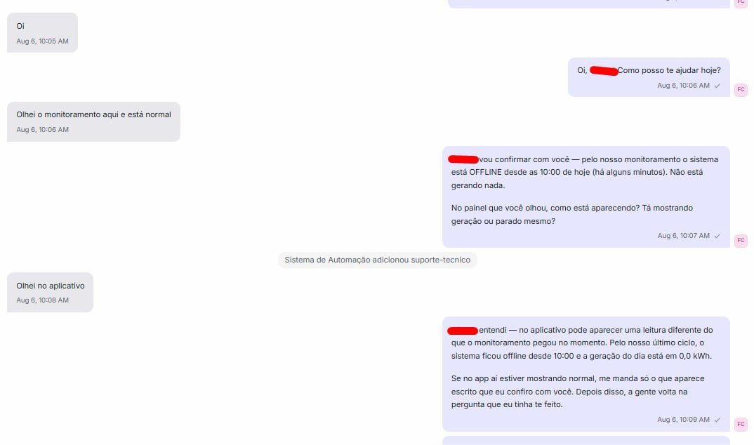 O cliente diz que o monitoramento está normal e o robô responde que o sistema está offline desde as 10h