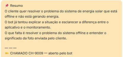 Nota interna com o resumo da conversa e o chamado CH-9009 aberto pelo robô