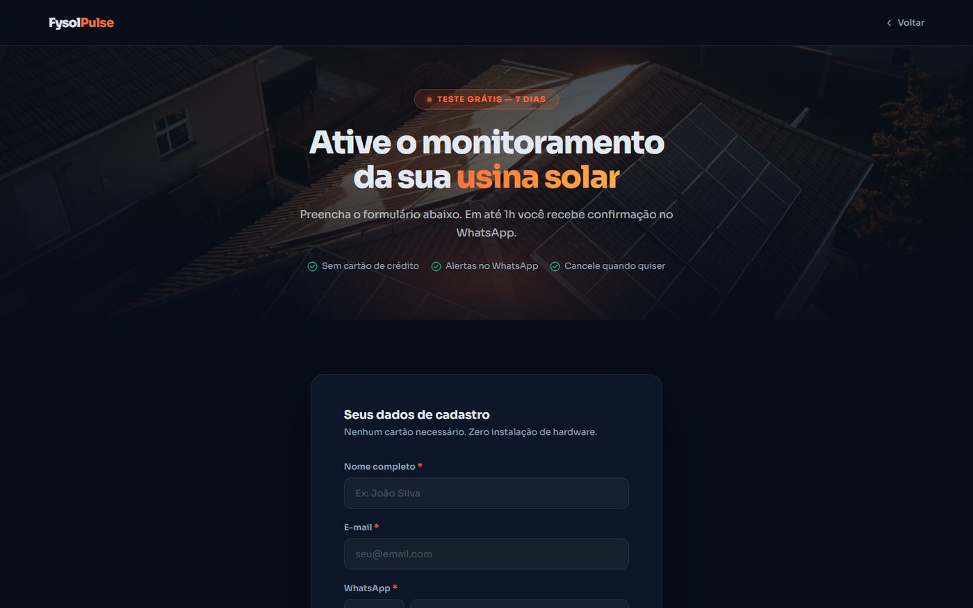 Página de ativação do teste gratuito