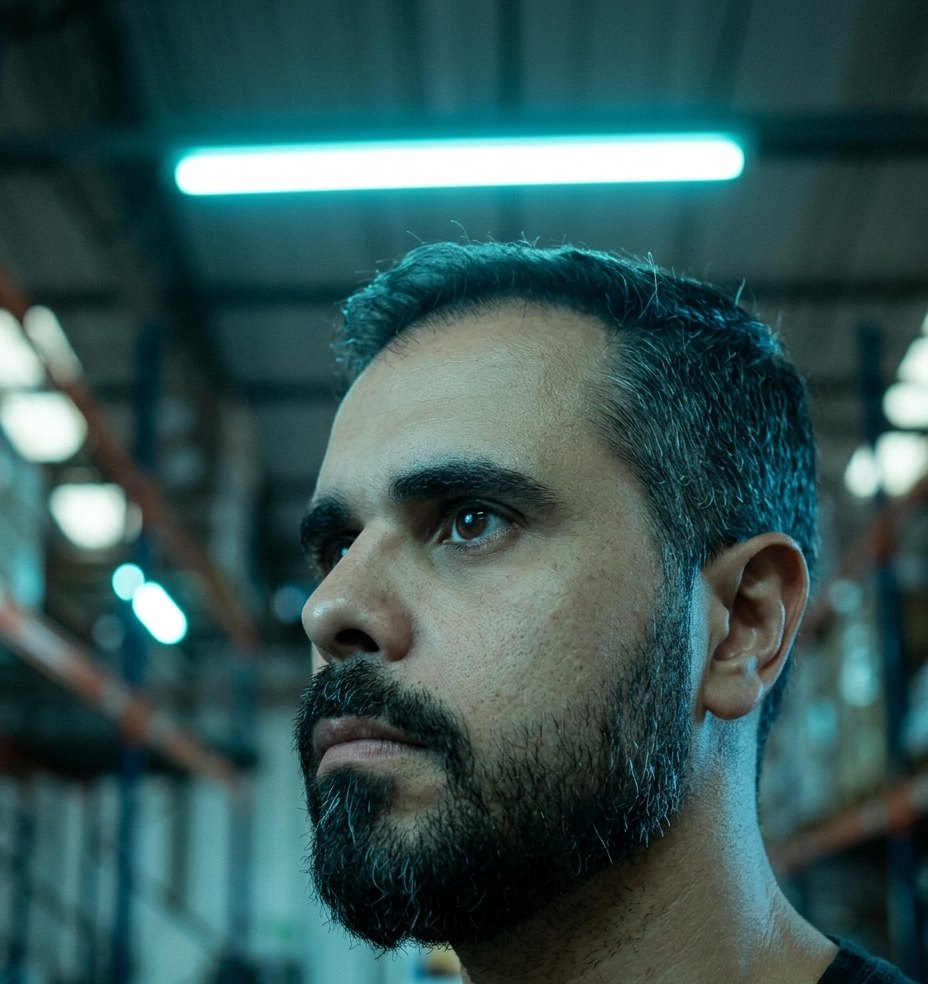 Retrato de perfil de Renan Oliveira num galpão de estoque